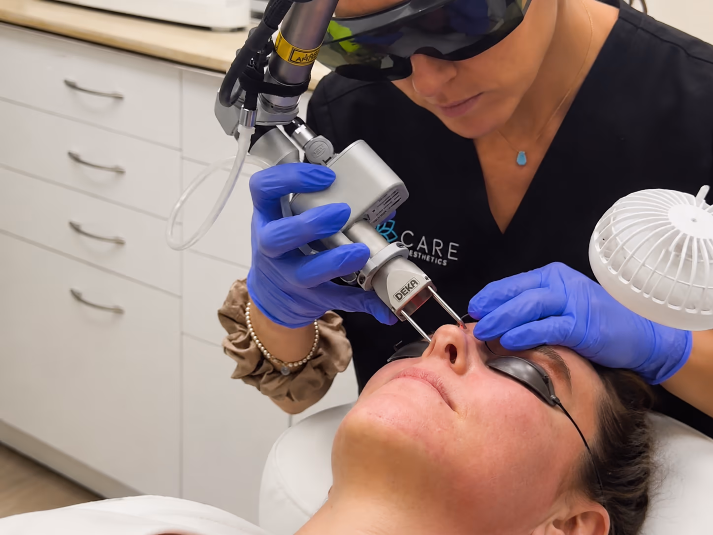 Clinician delivering a treatment with the DEKA Facial Aesthetics handpiece